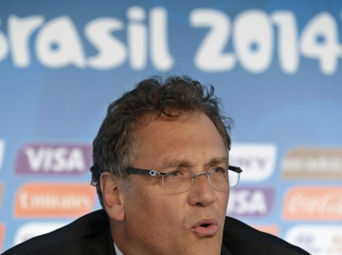FIFA Secretary General Jerome Valcke speaks during a local organizing committee 'LOC' Board Meeting press conference in Rio de Janeiro, Brazil, Friday, April 25, 2014. Valcke is visiting the World Cup host cities in Brazil, which is holding the 2014 soccer tournament. (AP Photo/Hassan Ammar)