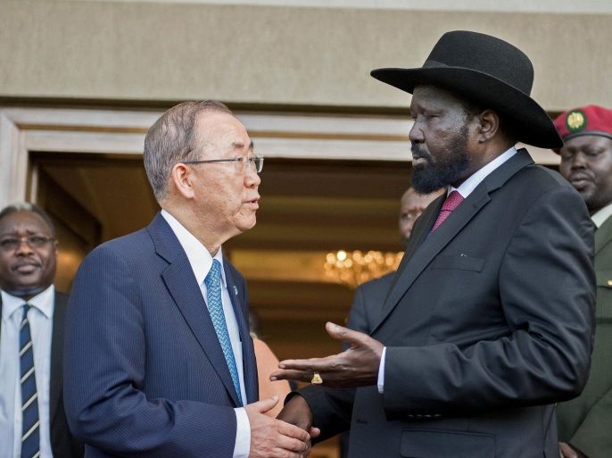 UN Secretary General Ban Ki-moon (L) talks with South Sudan's President Salva Kiir (R) in Juba on May 6, 2014. Ban Ki Moon's visit is the latest major push for a ceasefire in the nearly five-month-old civil war. Both sides in the conflict have been accused of widespread ethnic massacres, rape and recruitment of thousands of child soldiers. Ban's visit came days after US Secretary of State John Kerry flew into the capital. Ban last visited South Sudan amid euphoric celebrations at its independence from Sudan in July 2011, after it voted to split away following decades of war with Khartoum. The war has claimed thousands and possibly tens of thousands of lives, with over 1.2 million people forced to flee their homes. Almost five million people are in need of aid, according to the UN. AFP Photo/Charles Lomodong
