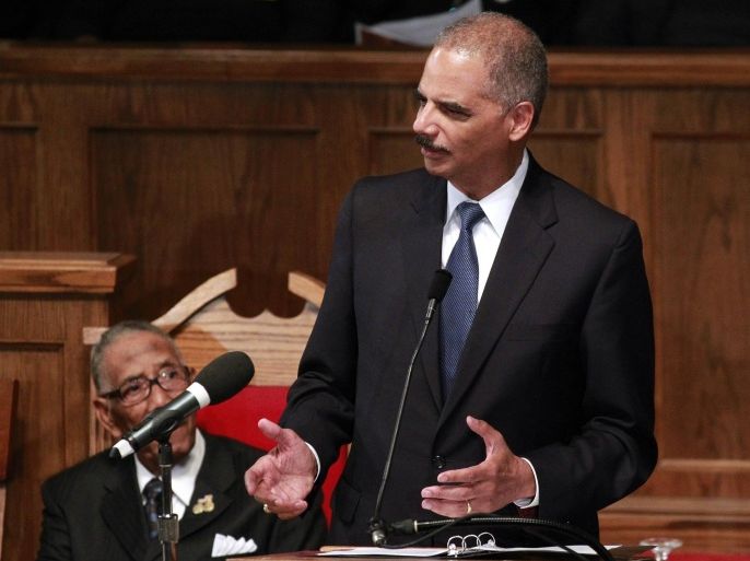 U.S. Attorney General Eric H. Holder speaks during the Community Memorial Service at 16th Street Baptist Church in Birmingham, Alabama September 15, 2013 file photo. REUTERS/Marvin Gentry