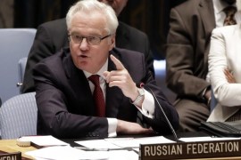 Russian Federation Ambassador Vitaly Churkin addresses the United Nations Security Council, Friday, May 2, 2014. The U.N. Security Council is meeting in emergency session on Ukraine after Russia called for a public meeting on the growing crisis there. (AP Photo/Richard Drew)