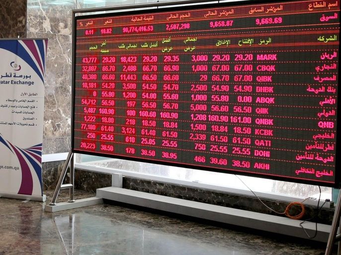 A man walks past a display screen showing stock information at the Qatar Exchange in Doha October 28, 2013. Qatar Exchange has submitted proposals to the government for higher limits on foreign ownership of listed stocks, which could encourage more companies to make initial public offers of their shares, the exchange's chief executive Rashid Bin Ali al-Mansoori said. Picture taken October 28, 2013. To match MEAST-INVESTMENT/QATAR REUTERS/Fadi Al-Assaad (QATAR - Tags: BUSINESS)