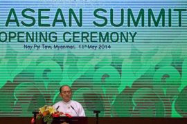 Myanmar's President Thein Sein delivers opening statement of Association of Southeast Asian Nations leaders Summit in Naypyitaw, Myanmar, Sunday, May 11 2014. Concerns over China's aggressive behavior in the South China Sea were a key topic Sunday in the first regional summit hosted by Myanmar, which is hoping to demonstrate the progress it's made since emerging from a half-century of brutal military rule. (AP Photo/Gemunu Amarasinghe)