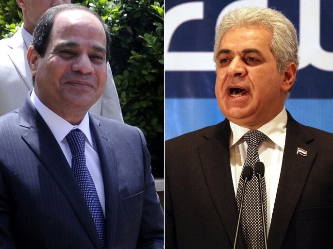 A combo image made of file photos showing Egyptian presidential candidates Abdel Fattah al-Sissi (L) in Cairo, Egypt, 19 May 2014 and Hamdeen Sabahy (R) in Cairo, Egypt, 30 April 2014. Presidential Elections Commission said on 21 May 2014 that Egypt's expatriates have voted overwhelmingly in favor of Abdel-Fattah al-Sissi, with 94.5 per cent of the votes cast had gone to the former army chief. Al-Sissi received 296,628 out of the more than 318,000 votes cast this week in Egyptian embassies and consulates worldwide. Voting in Egypt is due to take place on 26 and 27 May.