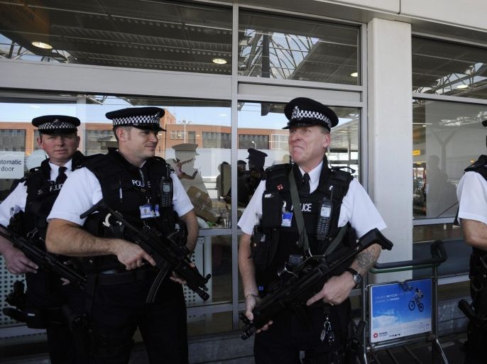 British police patrol Heathrow airport during the arrivals of Olympic athletes in London, Britain, 23 July 2012. London will be host for the 2012 Olympic Games which will take place from 27 July to 12 August 2012.