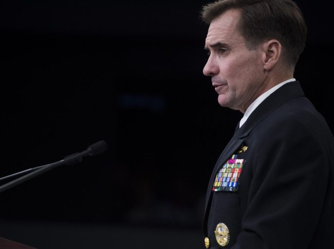 A handout photograph made available by the US Department of Defense (DoD) on 17 June 2014 showing US Pentagon Press Secretary Navy Rear Admiral John Kirby briefing reporters at the Pentagon, Washington DC., USA, 13 June 13, 2014. Rear Admiral John Kirby said on 16 June 2014 that at the request of the State Department, the Defense Department continues to provide security assistance for US Embassy personnel in Iraq. Over the past weekend, a number of teams totaling about 170 US personnel began arriving in Baghdad from within the US Central Command area of responsibility, Kirby said in a statement. DOD also has moved about 100 personnel into the region to provide airfield management, security and logistics support, if required, he added. 'All of these forces are trained to integrate with existing U.S. Embassy security teams or operate as a standalone force as directed,' the press secretary said. EPA/SGT AARON HOSTULTER / US DEPARTMENT OF DEFENSE / HANDOUT