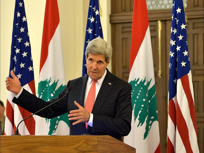epa04239479 US Secretary of State John Kerry speaks during a news conference after meeting with Lebanon's Prime Minister Tammam Salam at the government palace in Beirut, Lebanon, 04 June 2014. Kerry arrived in Beirut on 04 June on his first visit to Lebanon since he was appointed to the post last year. His talks in Lebanon will focus on Lebanon's presidential vaccum and the civil war in neighboring Syria, which has led to a large influx of refugees. EPA/WAEL HAMZEH