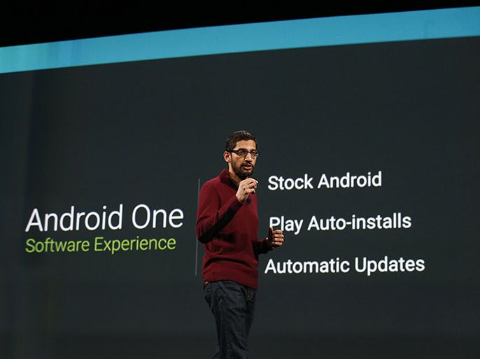 SAN FRANCISCO, CA - JUNE 25: Sundar Pichai, Senior Vice President, Android, Chrome & Apps speaks on stage during the Google I/O Developers Conference at Moscone Center on June 25, 2014 in San Francisco, California. The seventh annual Google I/O Developers conference is expected to draw thousands through June 26. Stephen Lam/Getty Images/AFP