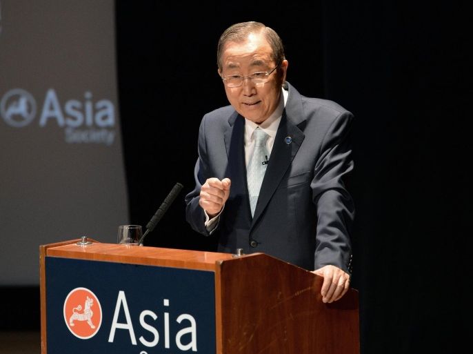 United Nations Secretary General Ban Ki-Moon speaks on Syria June 20, 2014 at the Asia Society in New York. Ban on Friday urged the UN Security Council to impose an arms embargo on Syria and called on neighboring countries to stop the flow of weapons across the border. Ban asked for concerted international action to end Syria's devastating civil war, which has paralyzed the Security Council and killed more than 160,000 people. 'It is essential to stem the flow of arms pouring into the country,' he said. AFP PHOTO/Stan HONDA