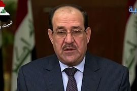 An image grab taken from Iraqiya channel shows Iraqi Primi Minister Nuri al-Maliki delivering a televised speech in Baghdad on June 18, 2014. Iraq's premier vowed to "face terrorism" and insisted security forces suffered a "setback" but have not