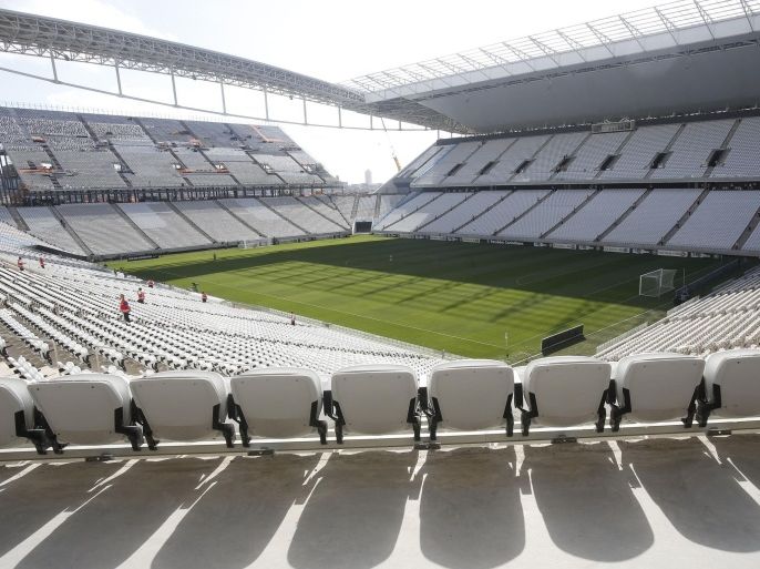 View of the Arena Corinthians stadium on May 10, 2014 in Sao Paulo, Brazil. The Arena Corinthians will host the opening match of the FIFA World Cup Brazil 2014 between Brazil and Croatia on June 12. AFP PHOTO/Miguel SCHINCARIOL