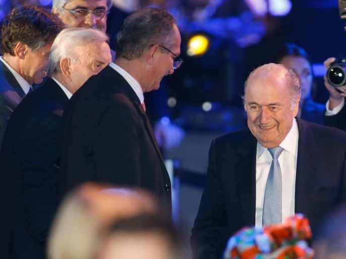 SAO PAULO, BRAZIL - JUNE 10: FIFA President Joseph Blatter (R) arrives at the opening ceremony of the 64th FIFA Congress at the Expocenter Transamerica on June 10, 2014 in Sao Paulo, Brazil.