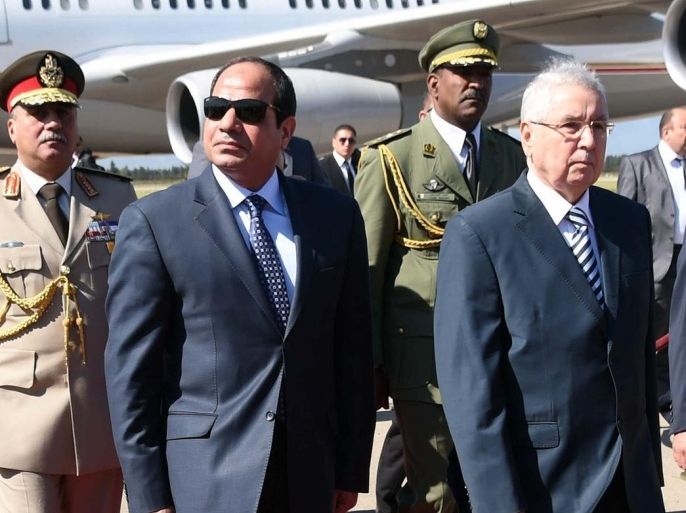 Egypt's president Abdel Fattah al-Sisi (2ndL) is welcomed by Algerian Senate speaker Abdelkader Bensalah (2ndR) upon his arrival at Houari-Boumediene International Airport on June 25, 2014 in Algiers. Sisi arrived in Algeria for his first trip abroad since being elected in May and he is expected to meet President Abdelaziz Bouteflika, notably to discuss ways of 'promoting the brotherly relations and cooperation that exist between the two countries and on issues linked to the situation in the Arab world and Africa'. AFP PHOTO/FAROUK BATICHE