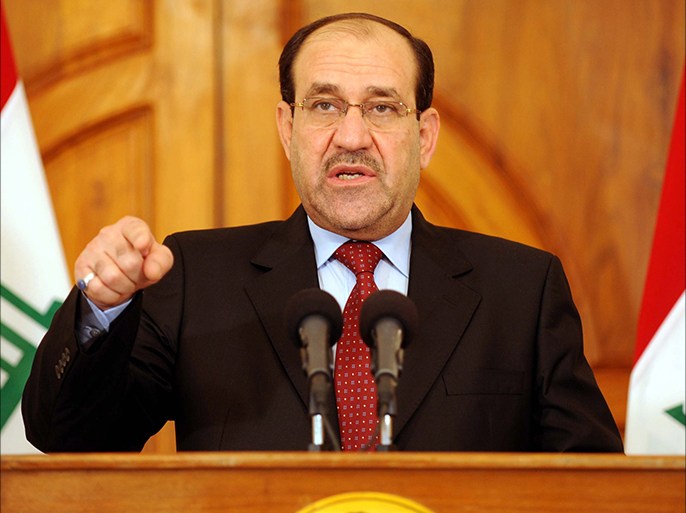 epa02124209 A handout picture released by the Iraqi Prime Minister's office shows Iraqi Prime Minister Nuri al-Maliki speaking during a news conference in Baghdad, Iraq, 19 April 2010. Al-Maliki announced the killing of Abu Omar al-Baghdadi, the leader of al Qaeda's puppet Islamic State of Iraq and Abu Ayyub al-Masri, the current leader of al Qaeda in a security operation in Therthar, west of Baghdad. EPA/IRAQI PRIME MINISTER OFFICE - HO EDITORIAL USE ONLY/NO SALES