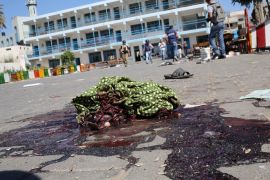 A piece of cloth lies in a pool of blood outside a UN-operated school after an Israeli attack in Beit Hanun town, northern Gaza strip, 24 July 2014. At least 16 Palestinians were killed, among them seven children, and some 200 injured when an UN-operated school north of Gaza City was struck by Israeli tank shells, the Gaza Health Ministry said. Witnesses, who were in the school run by the United Nations for Relief and Work Agency (UNRWA), said Israeli tanks fired four shells at the school.