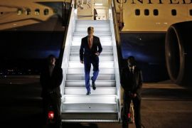 U.S. Secretary of State John Kerry steps off his plane as it arrives in Paris, France, Saturday, July 26, 2014. Kerry will continue meetings regarding a cease-fire between Israel and Hamas in Gaza. (AP Photo/Pool)W