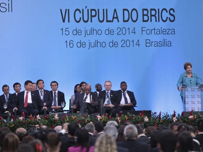 President of Brazil Dilma Rousseff (R) speaks during the plenary session of the 6th Summit of the BRICS in Fortaleza, Brazil, 15 July 2014. During two days presidents of Brazil, Russia, India, China and South Africa will meet in Fortaleza to taking part on the summit.