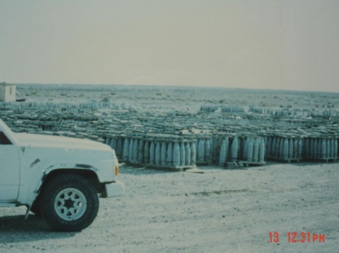 A handout photo released to Reuters on September 13, 2013 by Hotzone Solutions Group shows "Mustard gas filled artillery shells stored in the open at Al Muthanna, in Iraq 1993 " as described by Dieter Rothbacher, Co-Owner/Director Operations of Hotzone Solutions Group in The Hague.
