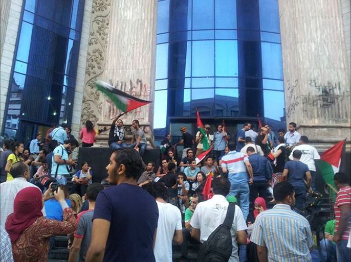 مصريون يتظاهرون على سلم نقابة الصحفيين للمطالبة بوقف العدوان على غزة