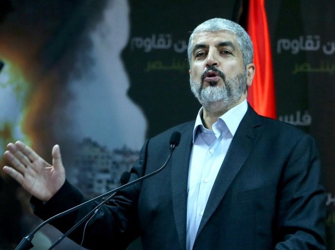 Islamist Hamas movement chief, Khaled Meshaal holds a press conference in the Qatari capital Doha on July 23, 2014. Hamas rejected a ceasefire to end 16 days of deadly fighting with Israel unless the blockade on the Gaza Strip is lifted, Meshaal said. AFP PHOTO / AL-WATAN DOHA / KARIM JAAFAR == QATAR OUT ==