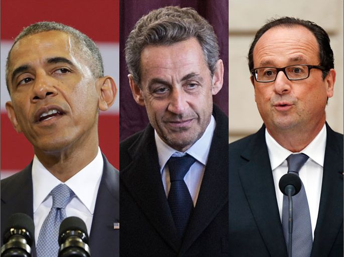 صور الرئيس الفرنسي الحالي فرانسوا هولاند والسابق نيكولا ساركوزي والرئيس الأميركي باراك أوباما. لصالح تقرير عن سياسية فرنسا الخارجية .