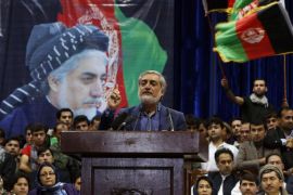 REFILE - CORRECTING SPELLING ERROR IN HEADLINE Afghan presidential candidate Abdullah Abdullah speaks during a gathering with his supporters in Kabul, July 8, 2014. Abdullah told thousands of supporters on Tuesday he was the winner of last month's run-off election, putting himself on a collision course with his arch-rival, Ashraf Ghani. REUTERS/Omar Sobhani (AFGHANISTAN - Tags: POLITICS ELECTIONS)