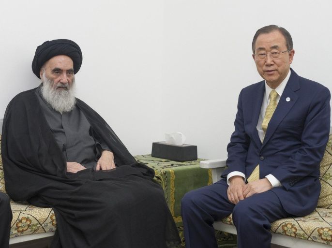 UN Secretary-General Ban Ki-moon (R) meets with Iraq's top Shiite cleric Grand Ayatollah Ali al-Sistani in Najaf, in this July 24, 2014 picture provided by the United Nations. Ban sought guidance from Iraq's top cleric on Thursday, as he urged Iraqi politicians to form an inclusive government that can confront a Sunni militant insurgency. Ban's meeting with Sistani underscored the 83-year-old cleric's vast sway in Iraq, where Prime Minister Nuri al-Maliki is considered a polarising figure who has fueled sectarian tensions. REUTERS/Eskinder Debebe/United Nations/Handout via Reuters (IRAQ - Tags: POLITICS CIVIL UNREST) ATTENTION EDITORS - THIS PICTURE WAS PROVIDED BY A THIRD PARTY. REUTERS IS UNABLE TO INDEPENDENTLY VERIFY THE AUTHENTICITY, CONTENT, LOCATION OR DATE OF THIS IMAGE. FOR EDITORIAL USE ONLY. NOT FOR SALE FOR MARKETING OR ADVERTISING CAMPAIGNS. THIS PICTURE IS DISTRIBUTED EXACTLY AS RECEIVED BY REUTERS, AS A SERVICE TO CLIENTS