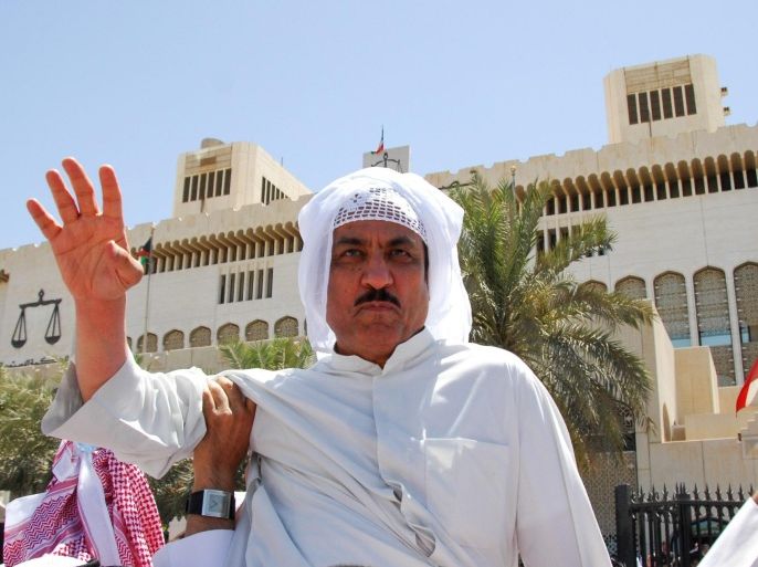 Former Member of Parliament and prominent Kuwaiti opposition politician Musallam al-Barrak is greeted by supporters after he was released, in Kuwait City, Kuwait, 22 April 2013. A Kuwaiti court on 22 April ordered the release of al-Barrak on bail pending his appeal against a jail sentence for insulting the ruler of the country. Al-Barrak, a former lawmaker, was last week sentenced to five years in prison with hard labor over his statements at a rally in October against a controversial election law.