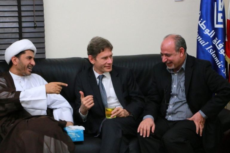 A handout photo released by the Bahraini opposition grouping Al-Wefaq showing Tomasz P. Malinowski (2-L) US State Department assistant secretary for Bureau of Democracy, Human Rights meeting with Al-Wefaq officials, during a visit to their Ramadan open house on 06 July 2014. Bahrain Foreign Ministry on 07 July 2014 said in a statement that US diplomat Tomasz P. Malinowski who is on an official state visit to the country was 'Persona non grata' and needs to leave immediately and accused Malinowski of 'flagrantly' intervening in the internal affairs of the country and holding meetings with certain party and not the others, which it described as evidence of a policy 'to divide and discriminate among the people of the country'. EPA/AL-WEFAQ