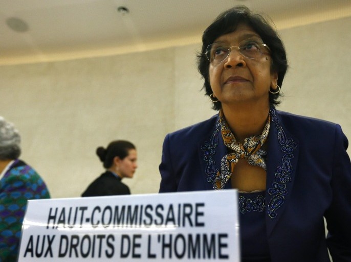 U.N. High Commissioner for Human Rights Navi Pillay arrives for the 21st Special Session of the Human Rights Council on the human rights situation in the Palestinian Territories at the United Nations Office in Geneva July 23, 2014. REUTERS/Denis Balibouse (SWITZERLAND - Tags: POLITICS)