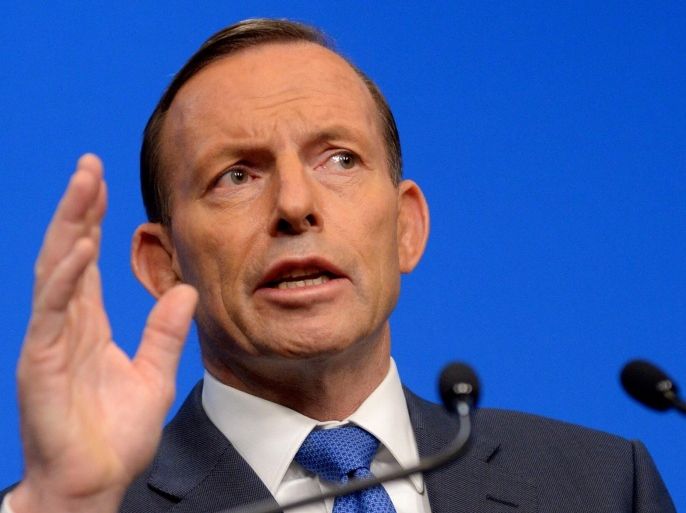 Australian Prime Minister Tony Abbott during a press conference in Canberra, Australia, 21 July 2014. Mr Abbott was reacting to the shooting down of Malaysian Flight MH17 over Ukraine. Twenty-eight people from across Australia were among the 298 people killed in the crash in Ukraine, which the government of Prime Minister Tony Abbott blames on Russia. EPA/ALAN PORRITT AUSTRALIA AND NEW ZEALAND OUT
