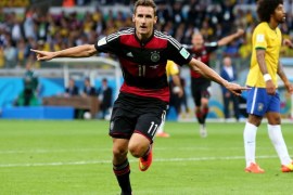 BELO HORIZONTE, BRAZIL - JULY 08: Miroslav Klose of Germany celebrates scoring his team's second goal during the 2014 FIFA World Cup Brazil Semi Final match between Brazil and Germany at Estadio Mineirao on July 8, 2014 in Belo Horizonte, Brazil.