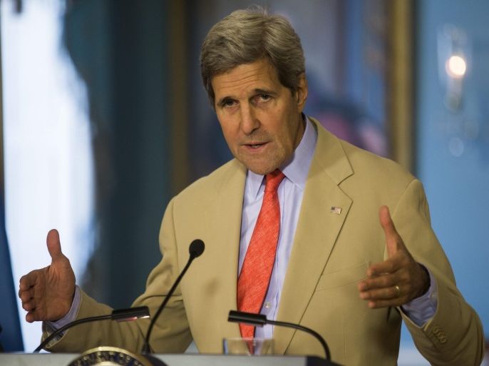 US Secretary of State John Kerry holds a brief press conference with Ukrainian Foreign Minister Pavlo Klimkin after the two met at the Department of State in Washington, DC, USA, 29 July 2014. Secretary Kerry used the opportunity to speak on the crises in Gaza and eastern Ukraine.