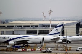 Israeli airliner El Al planes parked at Ben Gurion airport near Tel Aviv, Israel, Sunday, April 21, 2013. Israel's three airlines went on strike Sunday over a proposed "Open Skies" deal with the European Union that union workers say jeopardizes their jobs and could even cause the local airline industry to collapse.