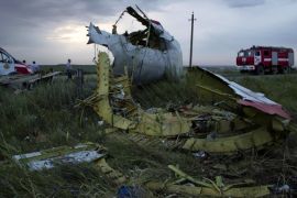 Fire engines arrive at the crash site of a passenger plane near the village of Grabovo, Ukraine, as the sun sets Thursday, July 17, 2014. Ukraine said a passenger plane carrying 295 people was shot down Thursday as it flew over the country, and both the government and the pro-Russia separatists fighting in the region denied any responsibility for downing the plane. (AP Photo/Dmitry Lovetsky)