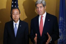 U.S. Secretary of State John Kerry and U.N. Secretary General Ban Ki-Moon make statements to reporters in Cairo, July 21, 2014. Kerry began a diplomatic push on Monday to try to secure a cease-fire between Israel and Hamas but senior U.S. officials acknowledged this would be challenging. Speaking as Kerry flew to Cairo, senior U.S. officials stressed the difficulty of ending the conflict, noting that Egypt's current government has poorer relations with Hamas than its predecessor led by the Muslim Brotherhood's Mohamed Mursi.  REUTERS/Charles Dharapak/Pool (EGYPT - Tags: POLITICS)