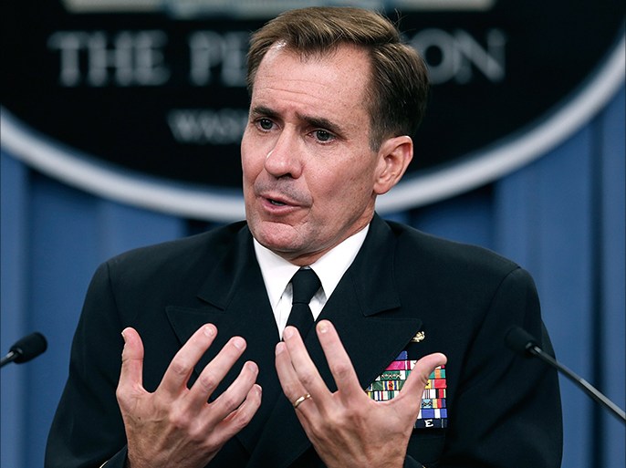 Pentagon Press Secretary Rear Adm. John Kirby answers questions at the Pentagon August 22, 2014 in Arlington, Virginia. Kirby commented on the current situation in Iraq, Ukraine, and the recent interception