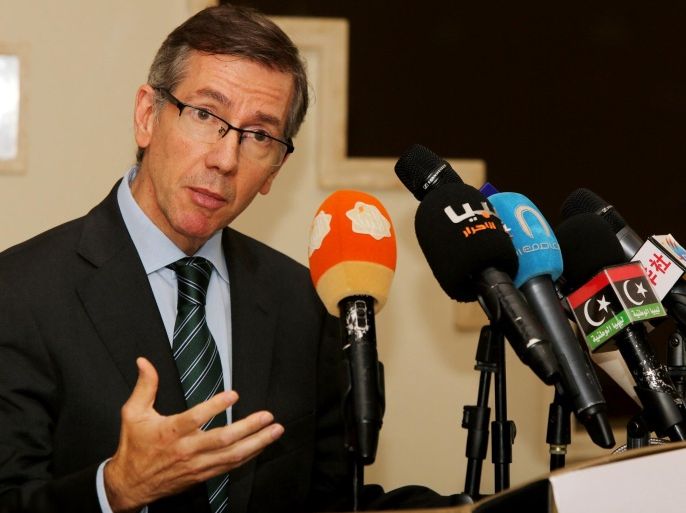 Bernardino Leon, EU Special Representative for the Southern Mediterranean region, speaks during a press conference in the Libyan capital Tripoli on May 25, 2014. Leon urged Libyans to continue with the dialogue and to strengthen state institutions. AFP PHOTO/MAHMUD TURKIA