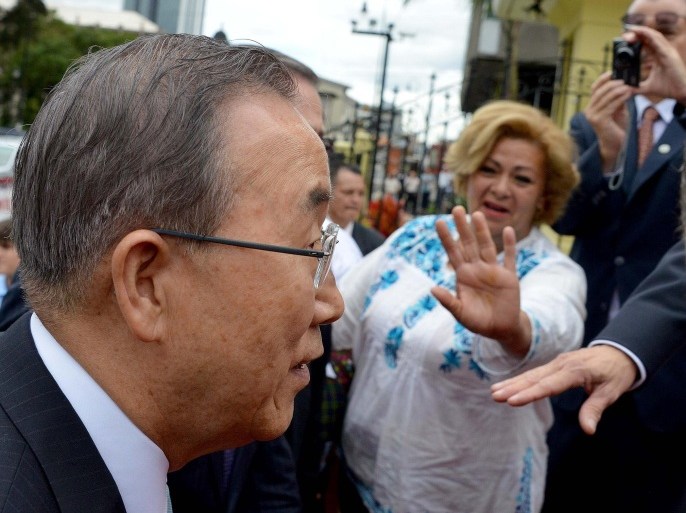 United Nations Secretary General Ban Ki-moon arrives at Costa Rica's Foreign Ministry headquaters in San Jose on July 30, 2014. Ban Ki-moon condemned an Israeli strike on a Gaza school that killed 16 people as 'unjustifiable' Wednesday, calling for those responsible to be held to account. AFP PHOTO/EzequielBECERRA