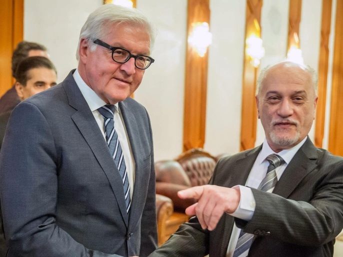 German Foreign Minister Frank- Walter Steinmeier (L) speaks with Iraqi Minister of Foreign Affairs, Hussein al-Schahristani, in Bagdad, Iraq, 16 August 2014. Steinmeier is on a visit to Iraq to see what help and support can be given to Kurdish Forces.