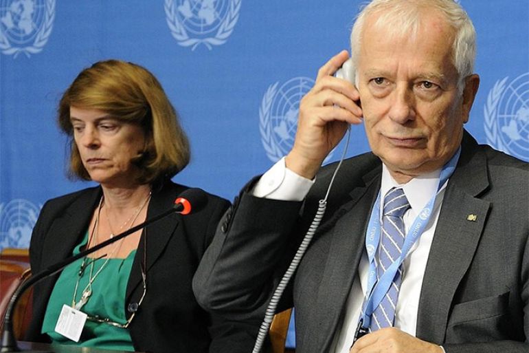 Member of the United Nations (UN) committee of independent experts Mary McGowan Davis (L) and chairman Christian Tomuschat attend a press conference on September 27, 2010 at the UN Office in Geneva. The experts appointed by the UN Human Rights Council said in a report earlier this month that both sides of a three-week conflict in the tiny Palestinian territory nearly two years ago had failed so far to carry out adequate probes into allegations of war crimes. The experts' mission was set up in March after a UN-mandated report by South African judge Richard Goldstone accused both Israel and Palestinian groups of war crimes during the conflict which erupted in late December 2008.