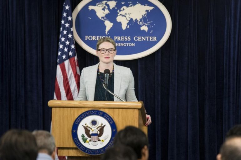 State Department Deputy Spokeswoman Marie Harf pauses while speakings during a briefing at the Washington Foreign Press Center July 24, 2014 in Washington, DC. Harf tools questions on the Israeli invasion of Gaza, the shooting down of a civilian airliner in eastern Ukraine and other international issues. AFP PHOTO/Brendan SMIALOWSKI
