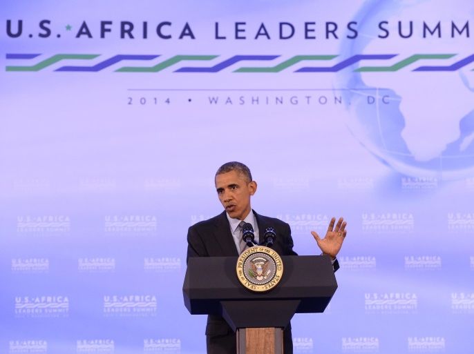 US President Barack Obama addresses a press conference at the end of the US-Africa Leaders Summit in Washington, DC, on August 6, 2014. Obama said African leaders had agreed to make the summit a recurring event. AFP PHOTO/Jewel Samad