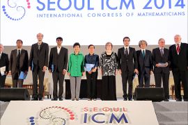 South Korean President Park Geun-hye (6-L) poses with award winners during the opening ceremony of the 2014 International Congress of Mathematicians in southern Seoul, South Korea, 13 August 2014. Iranian mathematician Prof Maryam Mirzakhani (6-R) is the first female winner of the Fields Medal, otherwise known as the International Medal for Outstanding Discoveries in Mathematics. EPA/YONHAP SOUTH KOREA OUT