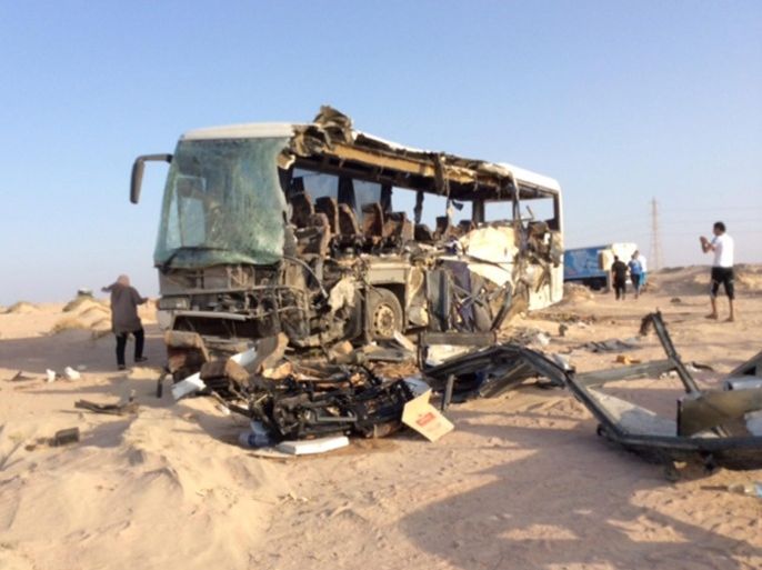 The wreck of a bus is seen in a desert region in southern Sinai, Egypt, 22 August 2014. At least 38 people were killed on 22 August in a collision between two tour buses near Egypt's resort town of Sharm al-Sheikh, the state-run newspaper al-Ahram reported online. Forty-one people, mostly Egyptians, were injured, according to the report. The injured included four foreign nationals - two Saudis, a Ukrainian and a Yemeni. The cause of the accident was not immediately clear. EPA/STRINGER BEST QUALITY AVAILABLE