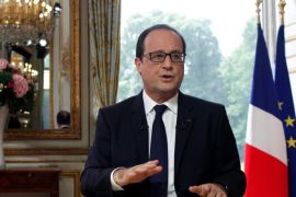 France's President Francois Hollande gestures after the traditional interview following the bastille day parade, at the Elysee Palace, in Paris, Monday, July 14, 2014. Hollande is urging partners to talk to Hamas and is pressing Israel for calm in hopes of reaching a cease-fire in Gaza. (AP Photo/Thibault Camus, Pool)