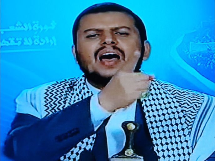 عبدالملك الحوثي كما ظهر في خطابه الناري على قناة المسيرة التي تبث من لبنان
