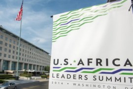 A sign is seen promoting the US-Africa Summit is seen July 31, 2014 outside the US Department of State (L) where President Obama will host African Leaders August 4-6,2014 in Washington, DC. This historic summit, the first of its kind, will bring leaders from across the African continent to the nation's capital and further strengthen ties with one of the world's most dynamic and fastest-growing regions. The theme of the Summit is investing in the next generation. Building on the progress made since President Obamas trip to Africa last summer, the Summit will advance the focus on trade and investment in Africa, and highlight Americas commitment to Africas security, its democratic development, and elevate the ideas of young people.. AFP PHOTO/Paul J. Richards