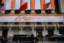 NEW YORK, NY - SEPTEMBER 19: Alibaba Group signage is posted outside the New York Stock Exchange prior to the company's initial price offering (IPO) on September 19, 2014 in New York City. The New York Times reported yesterday that Alibaba had raised $21.8 Billion in their initial public offering so far.