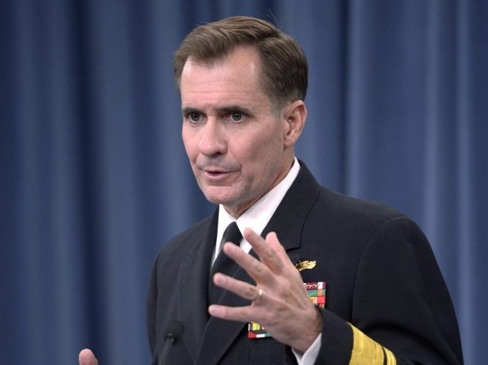 Pentagon Press Secretary Rear Admiral John Kirby responds to a question from the news media about the shooting down of Malaysia Airlines Flight 17 during a press conference at the Pentagon in Arlington, Virginia, USA, 18 July 2014. US President Barack Obama said today that at least one American was a passenger on Malaysia Airlines Flight 17 when it was shot down by a missile over Eastern Ukraine.
