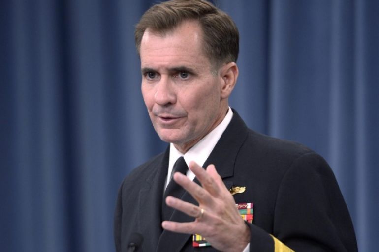 Pentagon Press Secretary Rear Admiral John Kirby responds to a question from the news media about the shooting down of Malaysia Airlines Flight 17 during a press conference at the Pentagon in Arlington, Virginia, USA, 18 July 2014. US President Barack Obama said today that at least one American was a passenger on Malaysia Airlines Flight 17 when it was shot down by a missile over Eastern Ukraine.